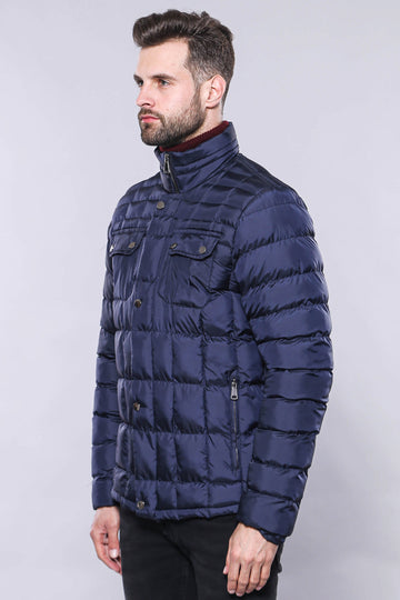 Navy Blue Slim Fit Quilted Winter Coat – Wessi