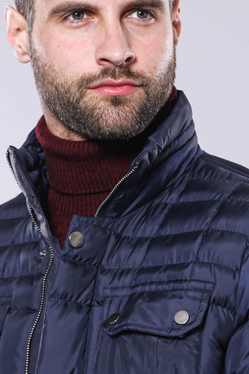 Navy Blue Slim Fit Quilted Winter Coat – Wessi