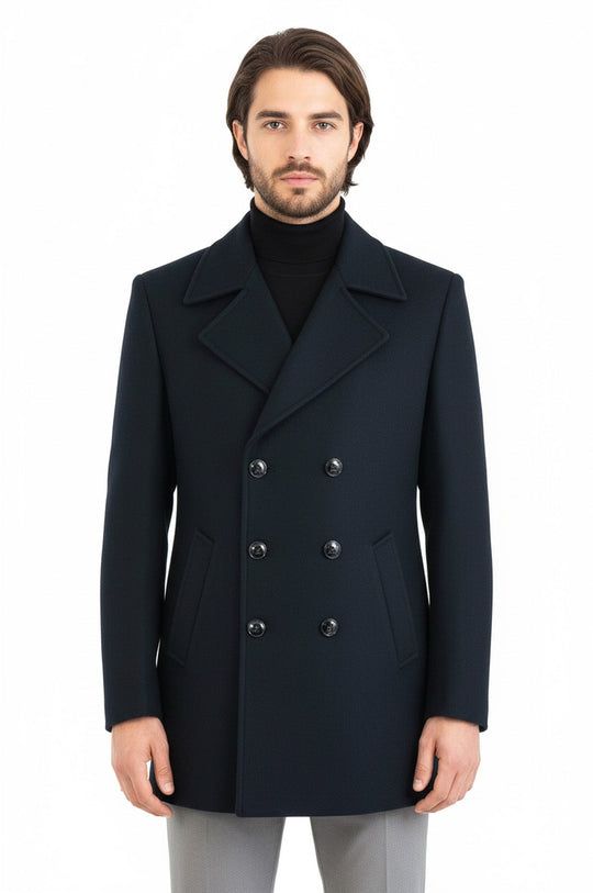 Dark Green Slim Fit Double Breasted Wide Lapel Wool Blend Coat – Wessi