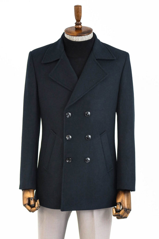 Dark Green Slim Fit Double Breasted Wide Lapel Wool Blend Coat – Wessi