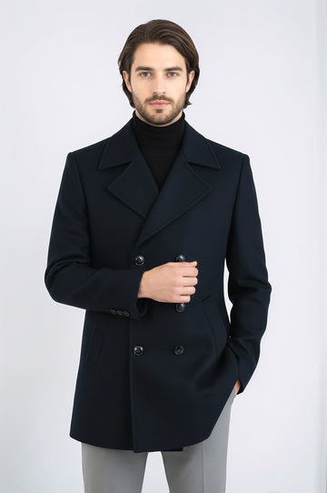 Dark Green Slim Fit Double Breasted Wide Lapel Wool Blend Coat – Wessi