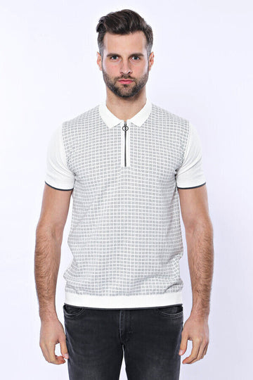 Slim Fit Light Grey Plaid Knitted Polo Zip-Neck T-Shirt — Wessi