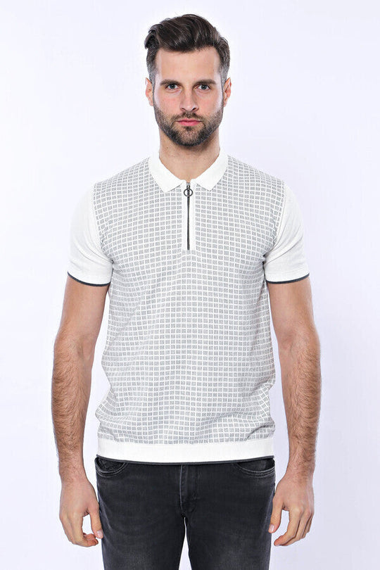 Slim Fit Light Grey Plaid Knitted Polo Zip-Neck T-Shirt — Wessi