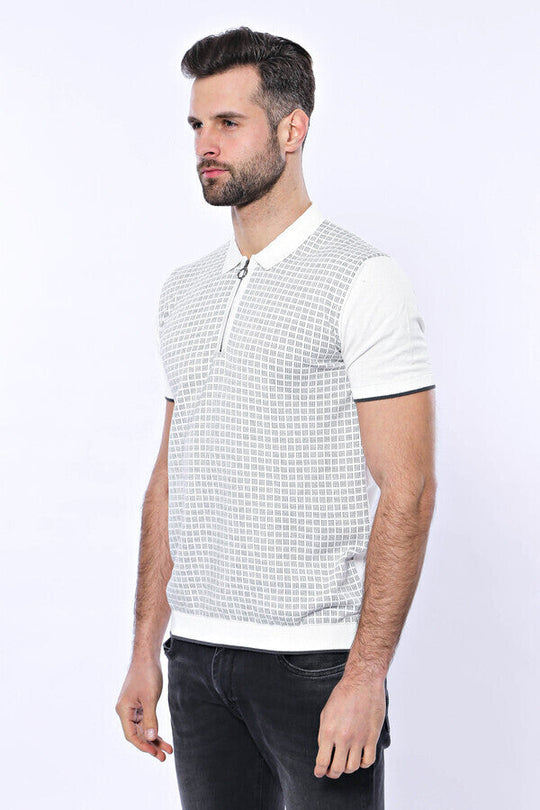 Slim Fit Light Grey Plaid Knitted Polo Zip-Neck T-Shirt — Wessi