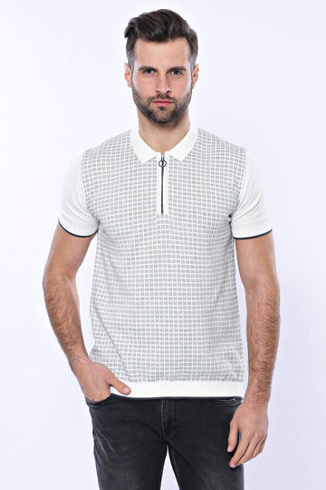 Slim Fit Light Grey Plaid Knitted Polo Zip-Neck T-Shirt — Wessi