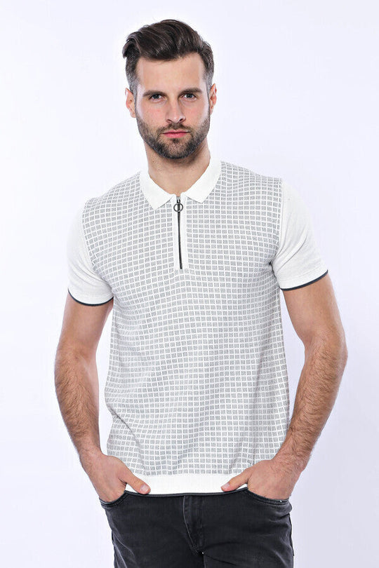 Slim Fit Light Grey Plaid Knitted Polo Zip-Neck T-Shirt — Wessi