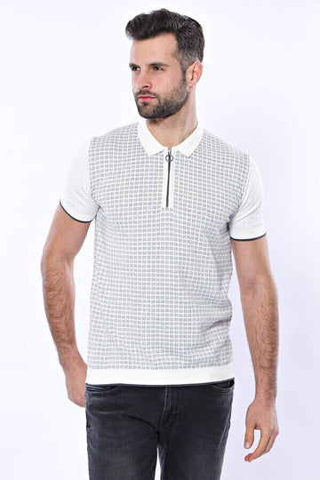 Slim Fit Light Grey Plaid Knitted Polo Zip-Neck T-Shirt — Wessi
