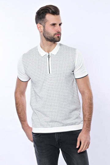 Slim Fit Light Grey Plaid Knitted Polo Zip-Neck T-Shirt — Wessi