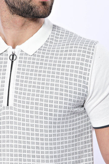 Slim Fit Light Grey Plaid Knitted Polo Zip-Neck T-Shirt — Wessi