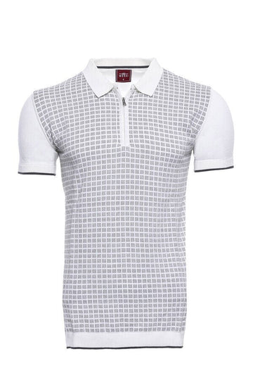 Slim Fit Light Grey Plaid Knitted Polo Zip-Neck T-Shirt — Wessi