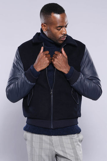 Navy Blue Slim Fit Leather Sleeve Cachet Coat – Wessi