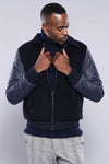 Navy Blue Slim Fit Leather Sleeve Cachet Coat – Wessi