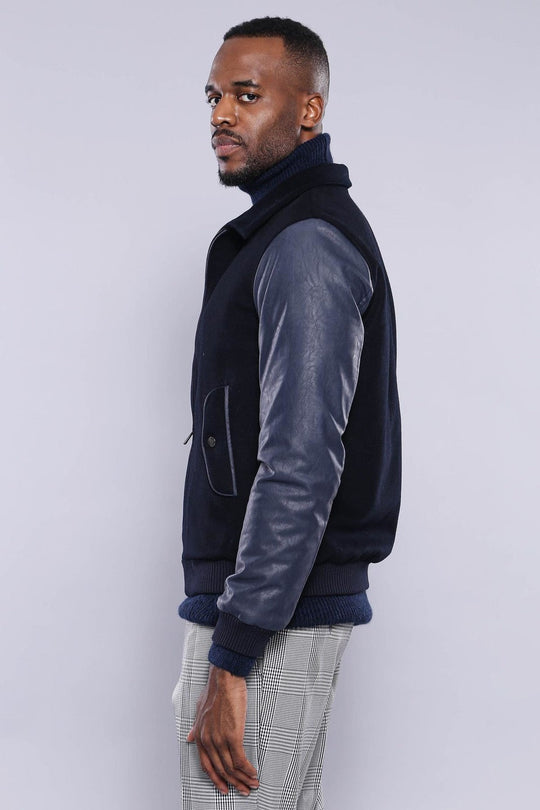 Navy Blue Slim Fit Leather Sleeve Cachet Coat – Wessi