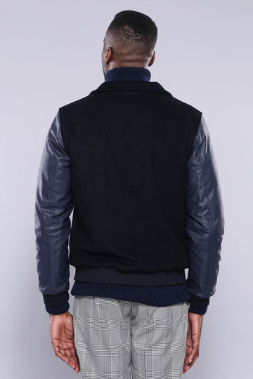 Navy Blue Slim Fit Leather Sleeve Cachet Coat – Wessi