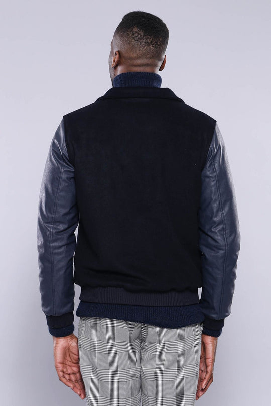 Navy Blue Slim Fit Leather Sleeve Cachet Coat – Wessi