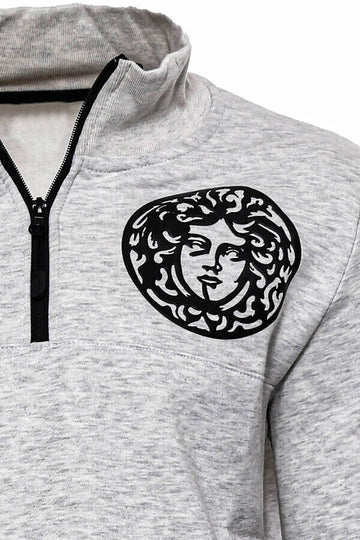 Grey Slim Fit Mandarin Collar Patterned Sweatshirt | Wessi
