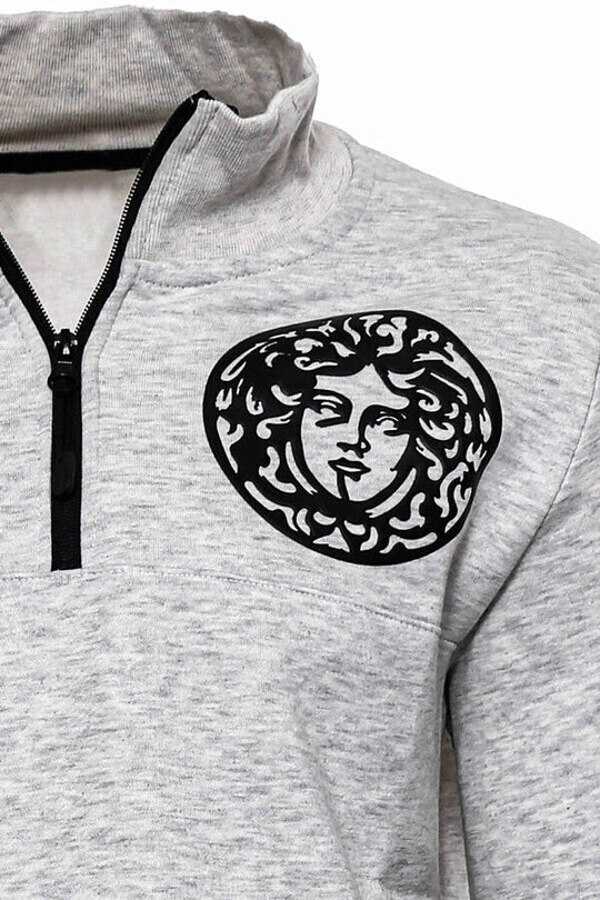Grey Slim Fit Mandarin Collar Patterned Sweatshirt | Wessi