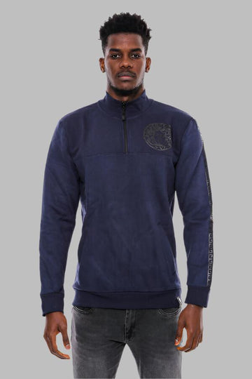 Navy Blue Slim Fit Mandarin Collar Patterned Sweatshirt | Wessi