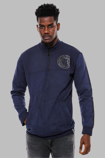 Navy Blue Slim Fit Mandarin Collar Patterned Sweatshirt | Wessi
