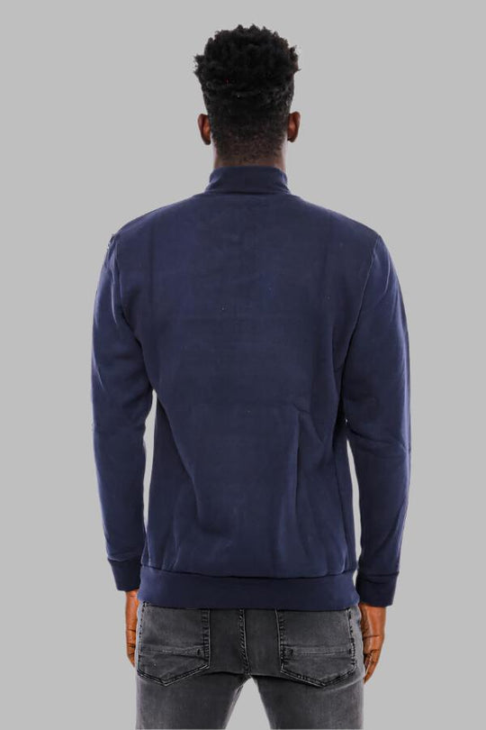 Navy Blue Slim Fit Mandarin Collar Patterned Sweatshirt | Wessi