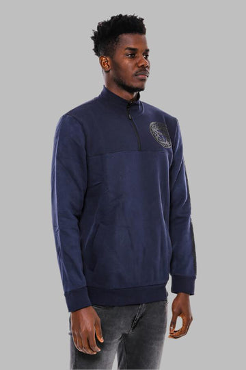 Navy Blue Slim Fit Mandarin Collar Patterned Sweatshirt | Wessi