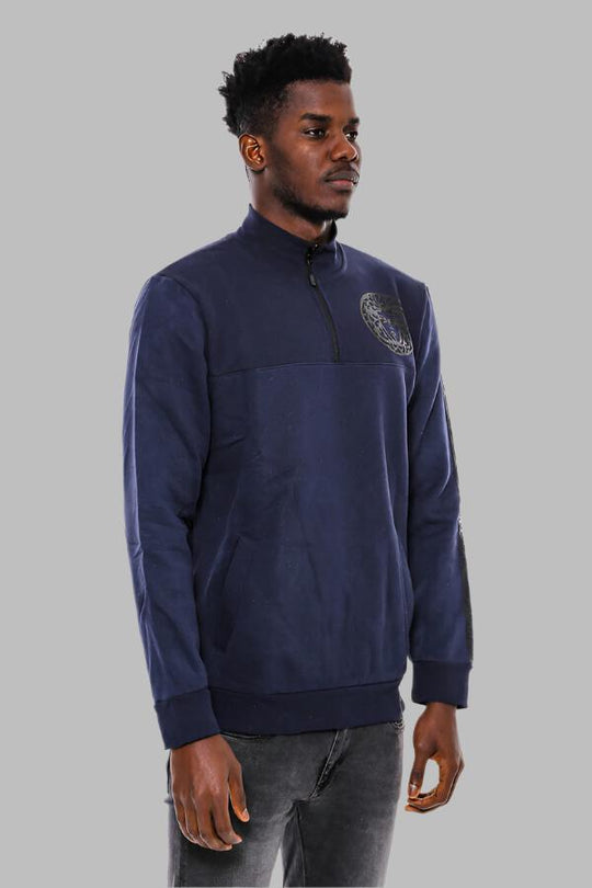 Navy Blue Slim Fit Mandarin Collar Patterned Sweatshirt | Wessi