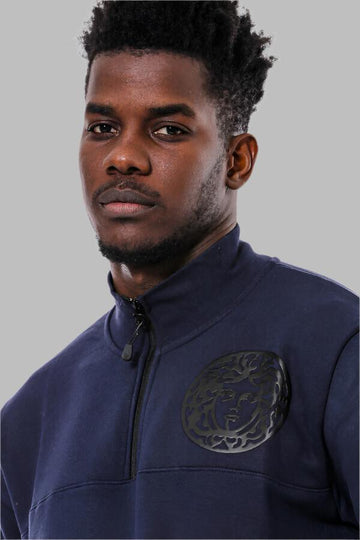 Navy Blue Slim Fit Mandarin Collar Patterned Sweatshirt | Wessi
