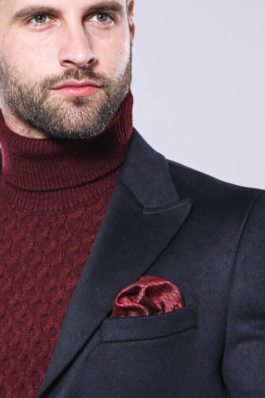Navy Blue Slim Fit Peak Wide Lapel Long Coat – Wessi