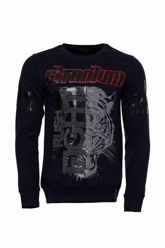 Navy Blue Slim Fit Crew Neck Patterned Sweatshirt | Wessi