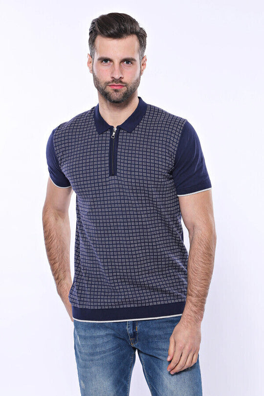 Slim Fit Navy Blue Plaid Knitted Polo Zip-Neck T-Shirt — Wessi