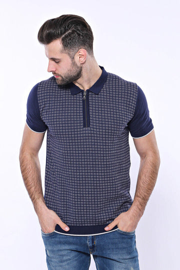 Slim Fit Navy Blue Plaid Knitted Polo Zip-Neck T-Shirt — Wessi
