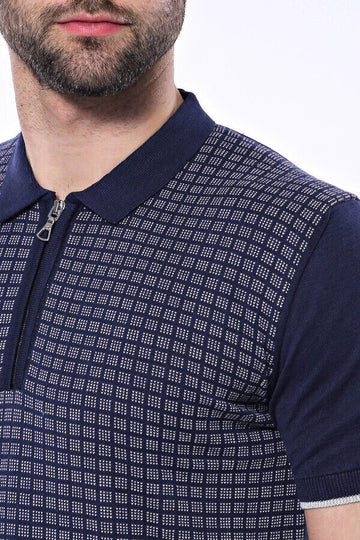 Slim Fit Navy Blue Plaid Knitted Polo Zip-Neck T-Shirt — Wessi