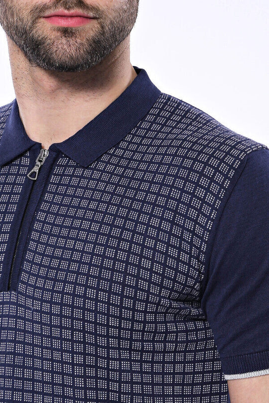 Slim Fit Navy Blue Plaid Knitted Polo Zip-Neck T-Shirt — Wessi