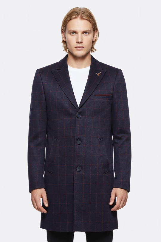 Navy Blue Red Plaid Slim Fit Peak Lapel Long Coat – Wessi