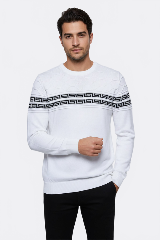 White Slim Fit Round Neck Chest Patterned Knit Jumper – Wessi