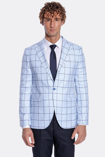 Men’s Ice Blue Windowpane Check Slim Fit Notch Lapel Sport Blazer