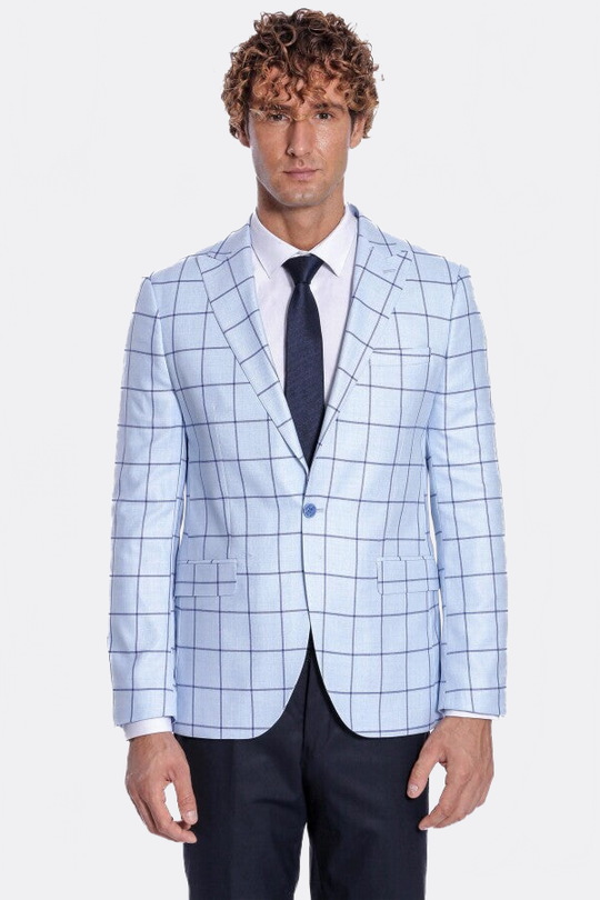 Men’s Ice Blue Windowpane Check Slim Fit Notch Lapel Sport Blazer
