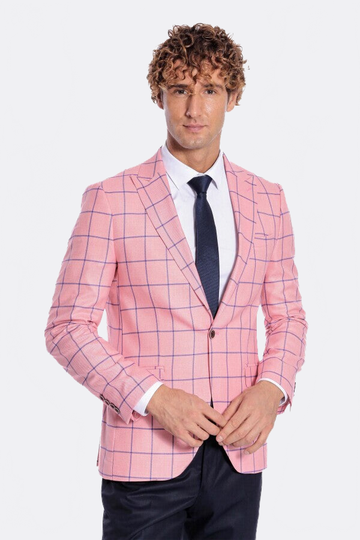 Men’s Pink & Navy Windowpane Check Slim Fit Notch Lapel Sport Blazer