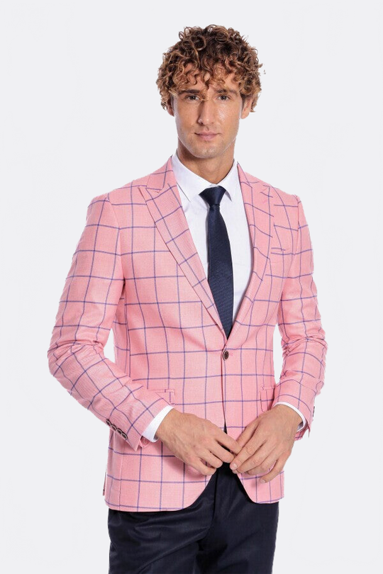 Men’s Pink & Navy Windowpane Check Slim Fit Notch Lapel Sport Blazer