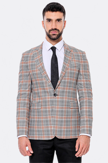 Men’s Orange & Black Glen Plaid Slim Fit Notch Lapel Sport Blazer