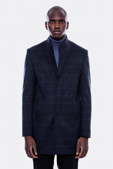 Navy Check Slim Fit Mandarin Collar Long Coat – Wessi