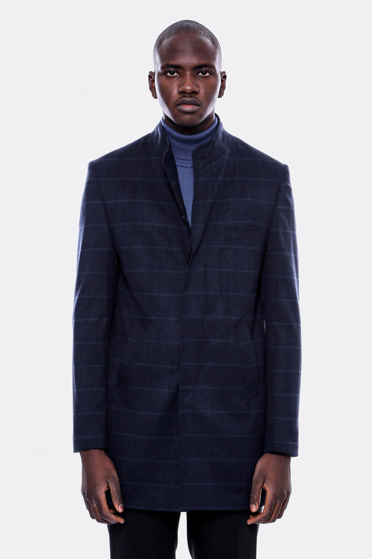 Navy Check Slim Fit Mandarin Collar Long Coat – Wessi