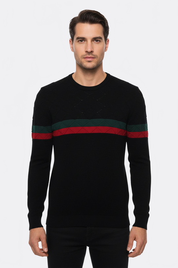 Black Slim Fit Round Neck Chest Stripe Knit Jumper – Wessi