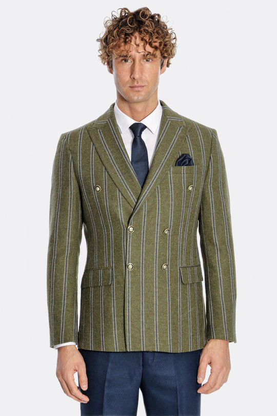 Men’s Forest Green Striped Slim Fit Double Breasted Peak Lapel Blazer
