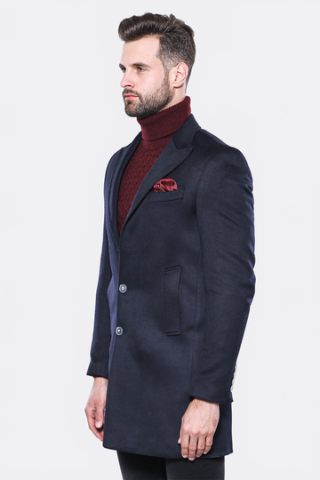 Navy Blue Slim Fit Peak Wide Lapel Long Coat – Wessi