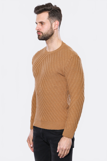 Tan Slim Fit Round Neck Patterned Cotton Knit Jumper – Wessi