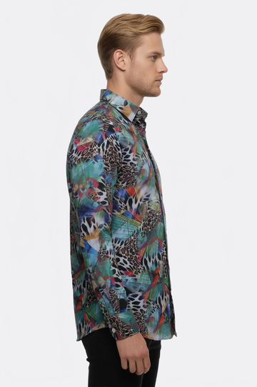 Men's Sky Blue Slim Fit Leopard Print Multicolour Shirt | Wessi