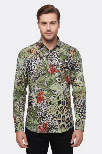 Men's White Slim Fit Multicolour Tiger Print Shirt | Wessi