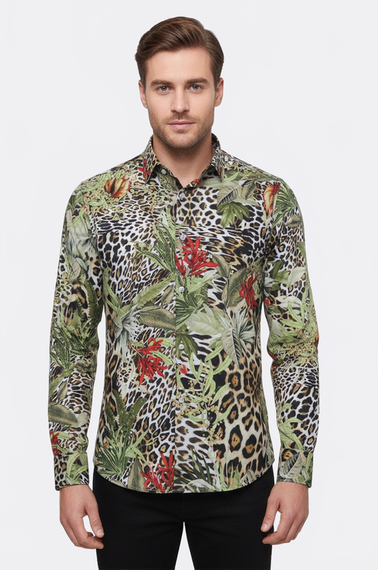 Men's White Slim Fit Multicolour Tiger Print Shirt | Wessi