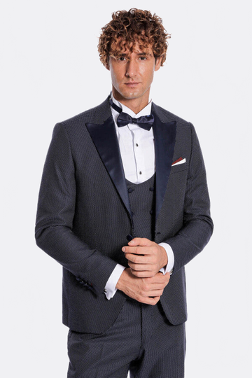 Men's Midnight Navy Jacquard Peak Lapel 3-Piece Slim Fit Tuxedo